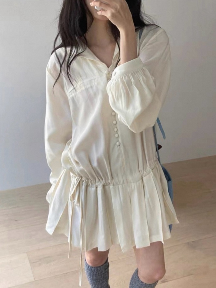 Korean Style A Line Shirt Dress - スリムロングスリーブシャツワンピース レディース シック 個性的 フレッシュ プリーツ入り
