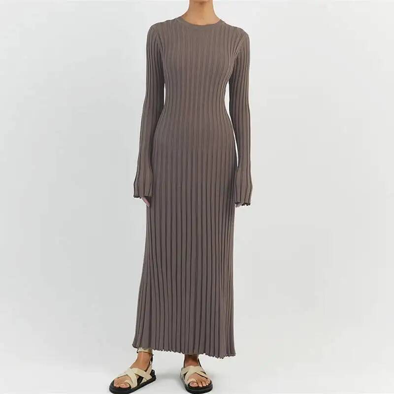 Bodycon Long Sleeve Ribbed Dress - 女性エレガントリブニットフルスリーブマキシドレスクルーネックボディコンペンシルロングドレスタイウエストドレス90年代ヴィンテージストリートウェア13C7