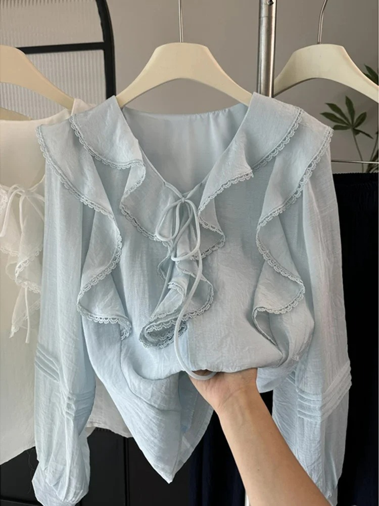 Blouses - フレンチ V ネック シックな長袖ブラウス レディース 春夏