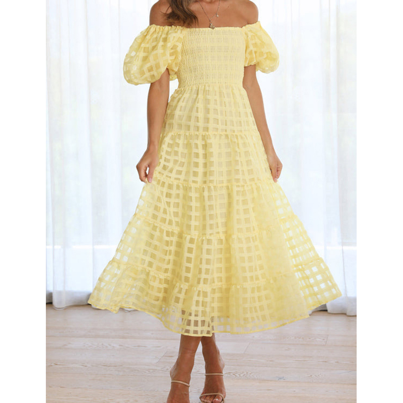 Off Shoulder Puff Sleeve Sundress - エレガントなオフショルダーの女性の夏のロングドレスセクシーな弾性ショートパフスリーブホリデーマキシドレスホワイトイブニングサンドレス