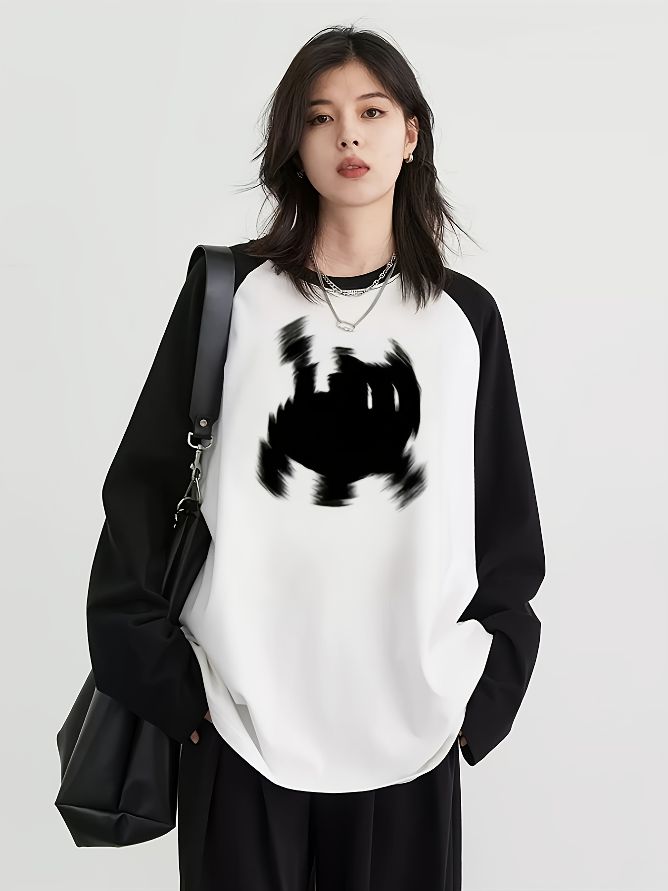 Blouses - Y2K レディース ラグラン長袖 Tシャツ ブロック柄 かわいい猫グラフィック付き