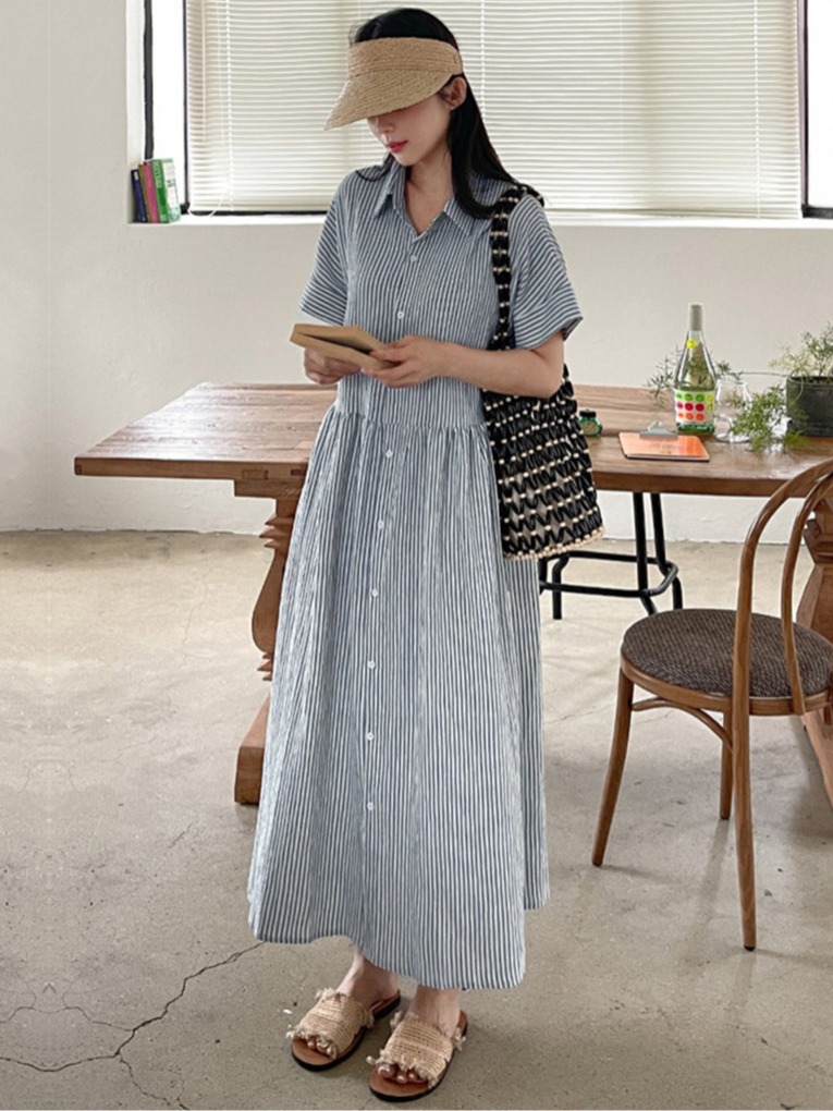 レトロ韓国風ルーズフィットスリムストライプシャツワンピース  - Casual Loose Linen Shirt Dress のレビューと価格
