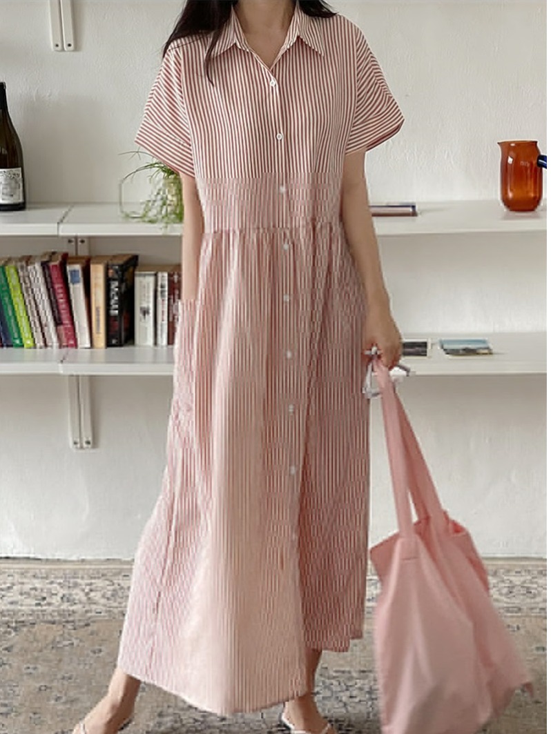 レトロ韓国風ルーズフィットスリムストライプシャツワンピース  - Casual Loose Linen Shirt Dress のレビューと価格