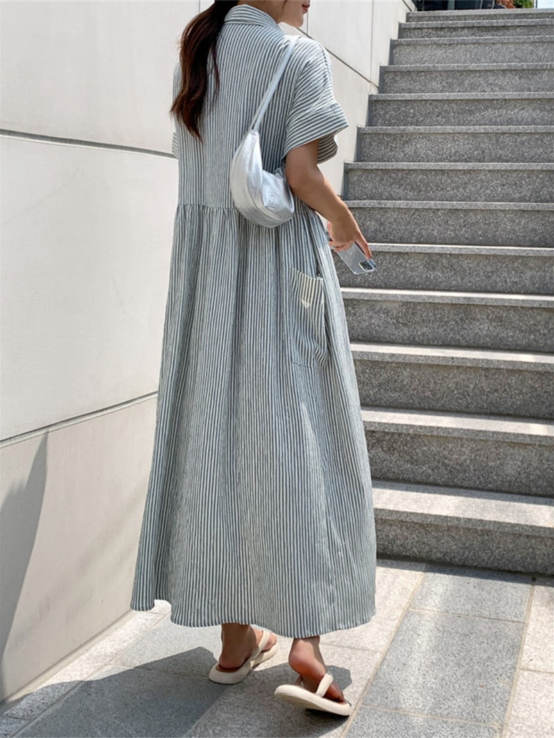 レトロ韓国風ルーズフィットスリムストライプシャツワンピース  - Casual Loose Linen Shirt Dress のレビューと価格