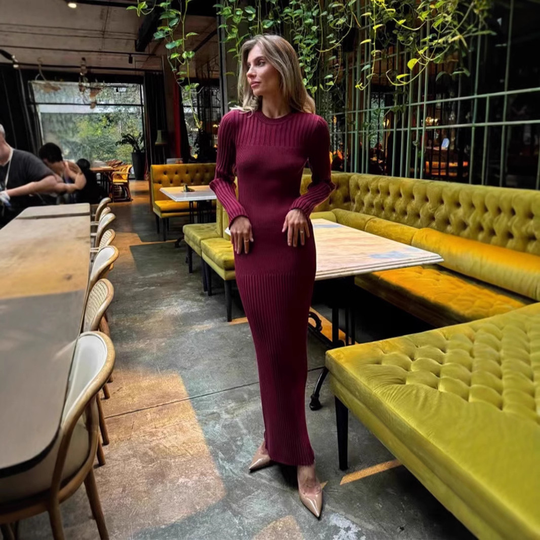 2025年春 ホワイトカーキ ブラック レディース ニット  - Bodycon Long Sleeve Ribbed Dress のレビューと価格