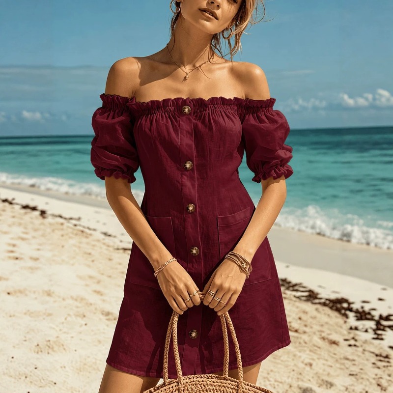 女性オフショルダーミニドレスフリルパフ半袖フロントボタンポケ - Off Shoulder Puff Sleeve Sundress のレビューと価格