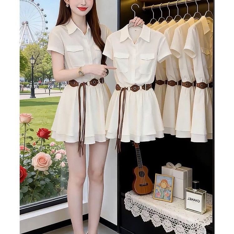 韓国風半袖シャツワンピース レディース エレガント 若々しい - Korean Style A Line Shirt Dress のレビューと価格