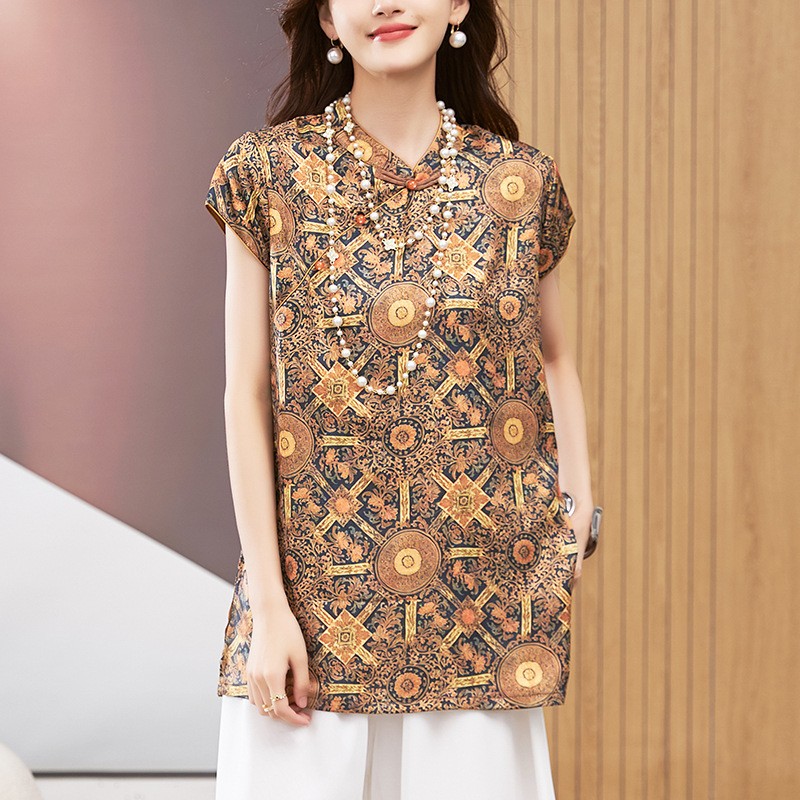 女性用ブラウス半袖ラウンドネックトップマンダリンカラーチュニ - Blouses のレビューと価格