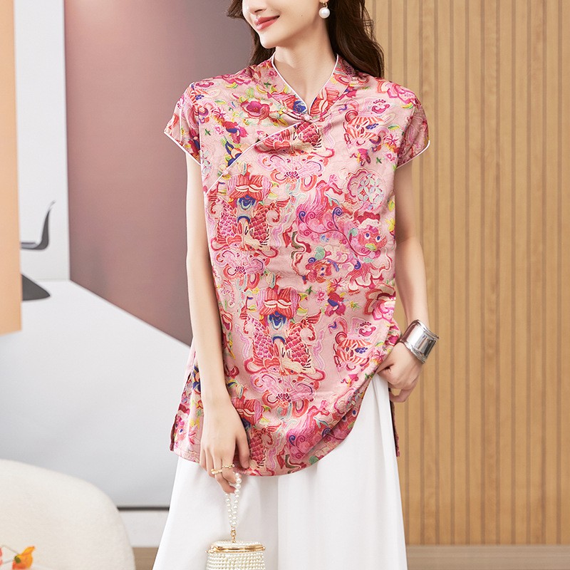 女性用ブラウス半袖ラウンドネックトップマンダリンカラーチュニ - Blouses のレビューと価格