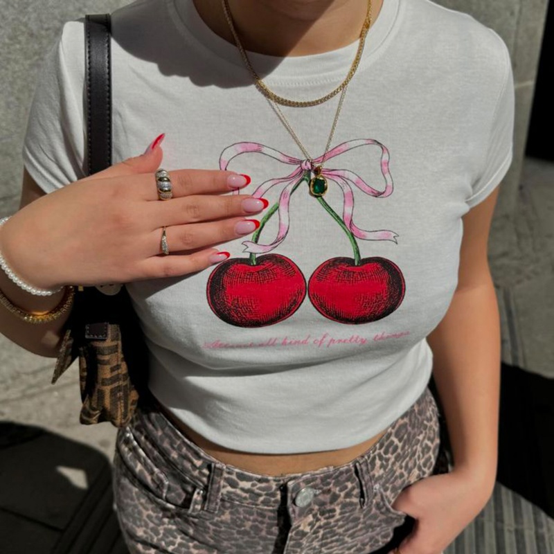 女性 y2k クロップトップス夏服かわいいチェリーボウプリン - Y2K Graphic Baby Tee Crop のレビューと価格