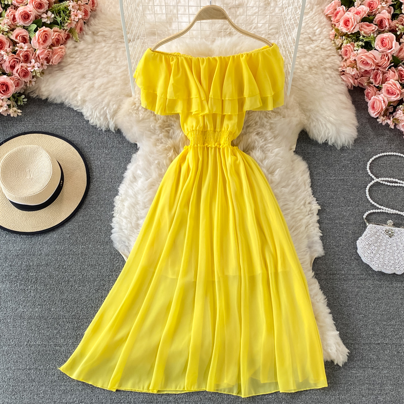 女性のための裸の肩のシフォンドレス,セクシーなビーチドレス, - Off Shoulder Puff Sleeve Sundress のレビューと価格