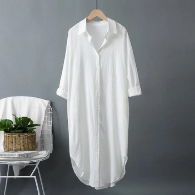 新しい綿とリネンの女性のロングシャツドレスホワイトシングルブ - Casual Loose Linen Shirt Dress のレビューと価格