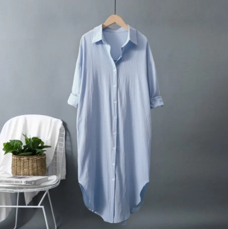新しい綿とリネンの女性のロングシャツドレスホワイトシングルブ - Casual Loose Linen Shirt Dress のレビューと価格