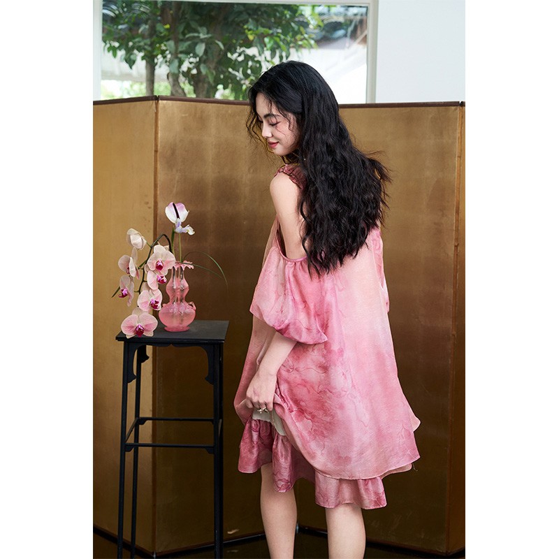 ELFSACK レディース タイダイ ジャカード シフォン  - Off Shoulder Puff Sleeve Sundress のレビューと価格