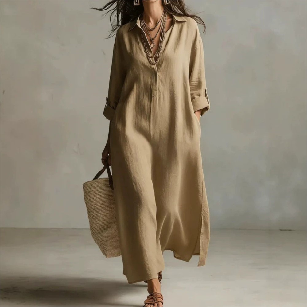 女性ヴィンテージリネンシャツドレスラペル襟ボタン長袖ルーズサ - Casual Loose Linen Shirt Dress のレビューと価格