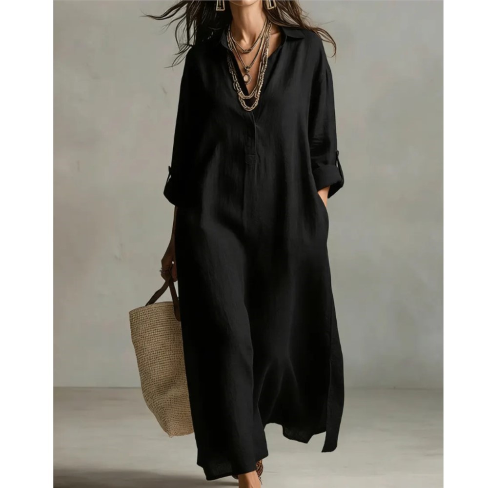 女性ヴィンテージリネンシャツドレスラペル襟ボタン長袖ルーズサ - Casual Loose Linen Shirt Dress のレビューと価格