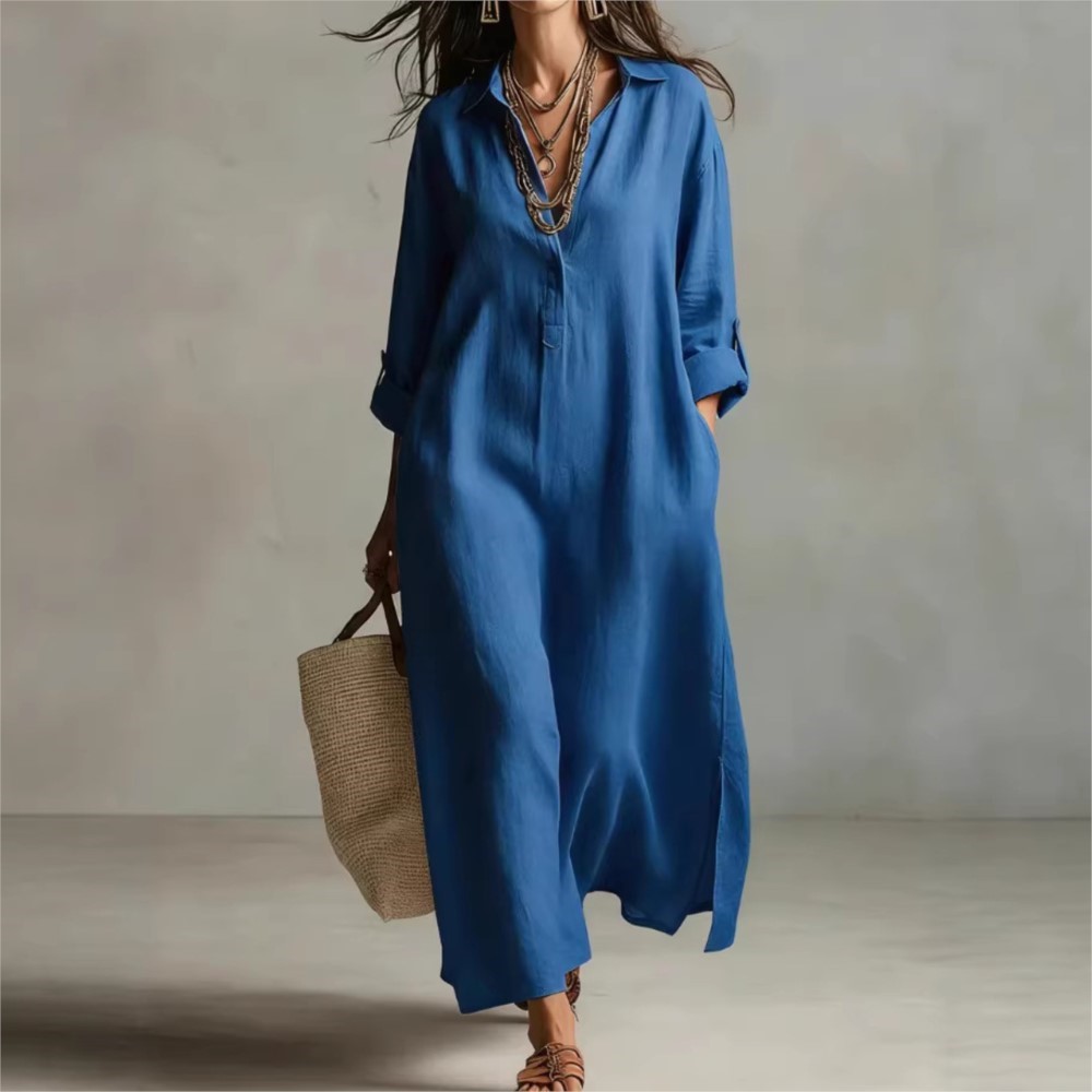 女性ヴィンテージリネンシャツドレスラペル襟ボタン長袖ルーズサ - Casual Loose Linen Shirt Dress のレビューと価格