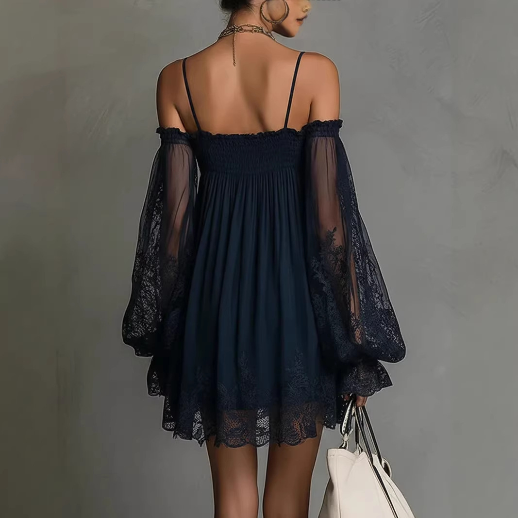 オフショルダーレースミニドレス、スパゲッティストラップ、シア - Off Shoulder Puff Sleeve Sundress のレビューと価格