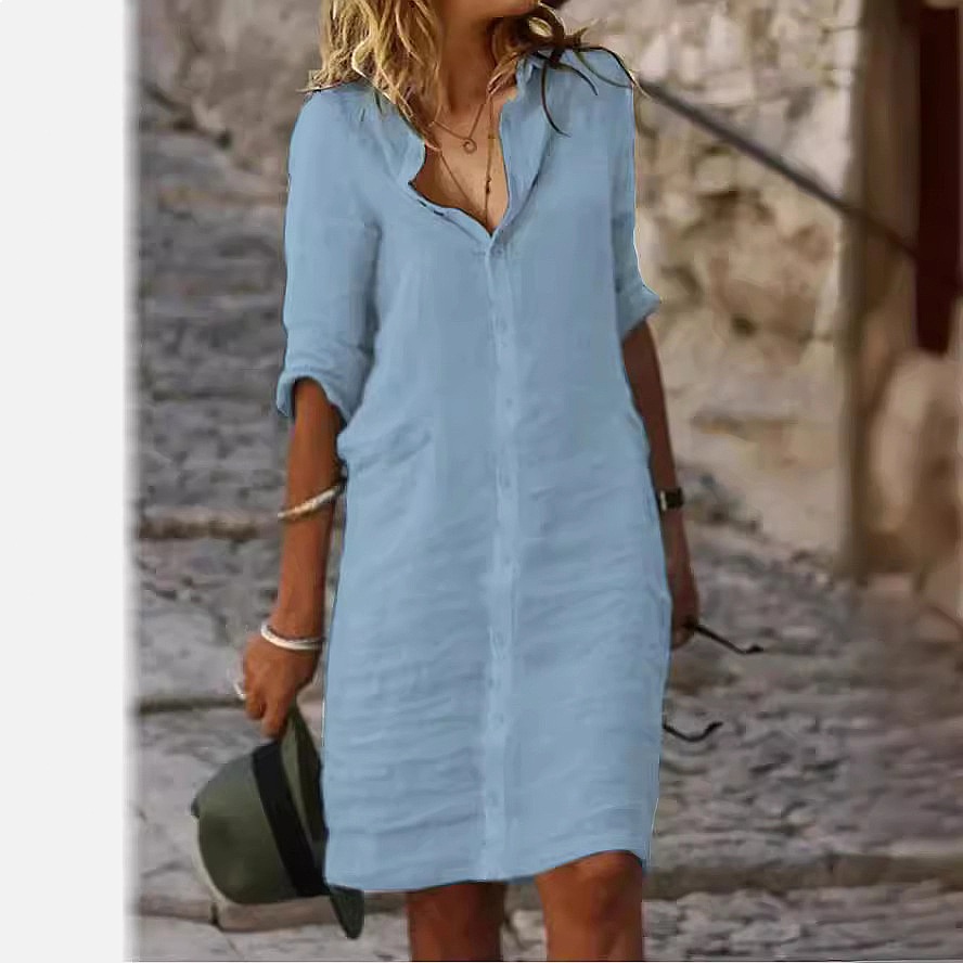 ルーズフィット ボタンダウン ミディシャツドレス コットンリ - Casual Loose Linen Shirt Dress のレビューと価格