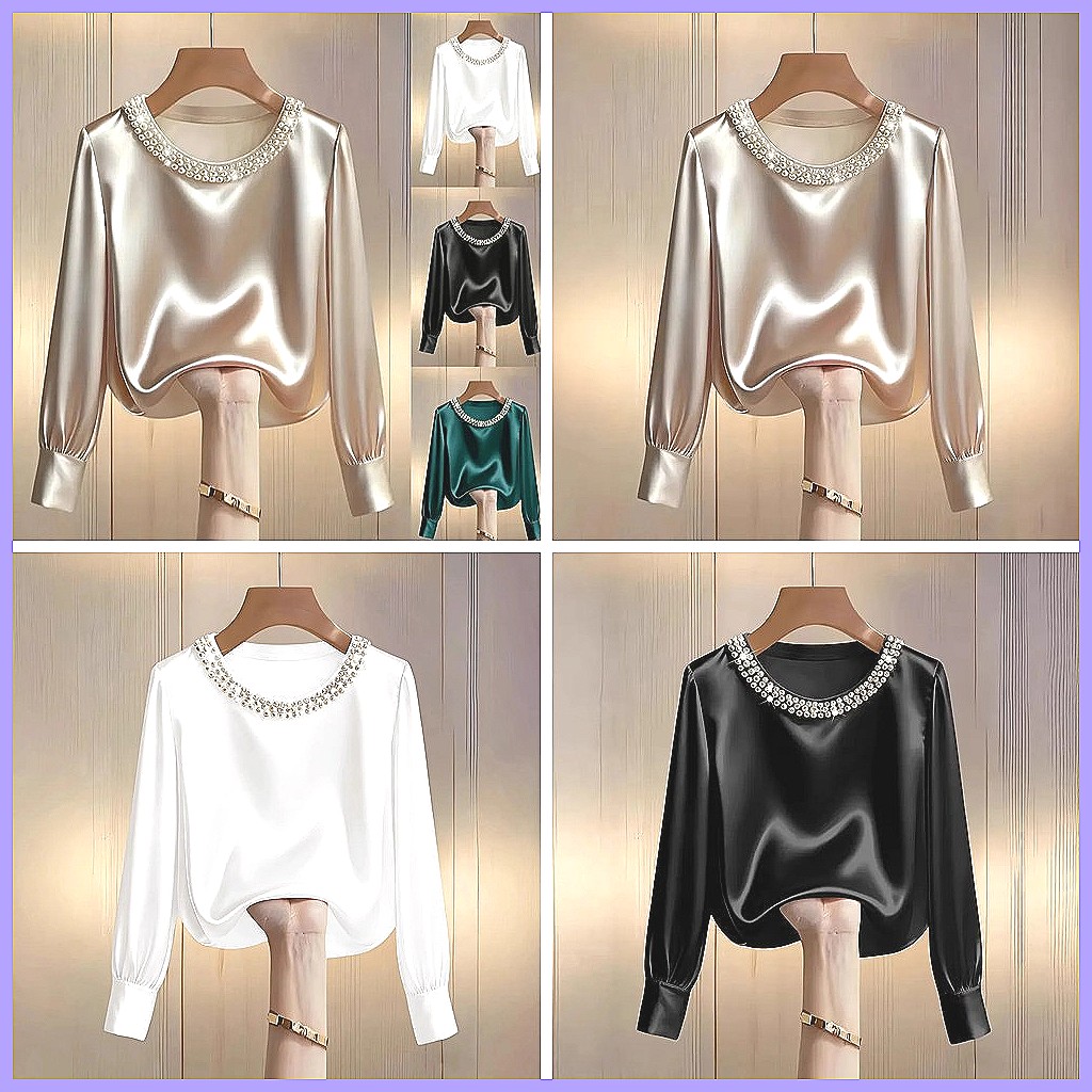 エレガントなビーズ付きサテンブラウス、女性用、ゆったりとした - Blouses のレビューと価格