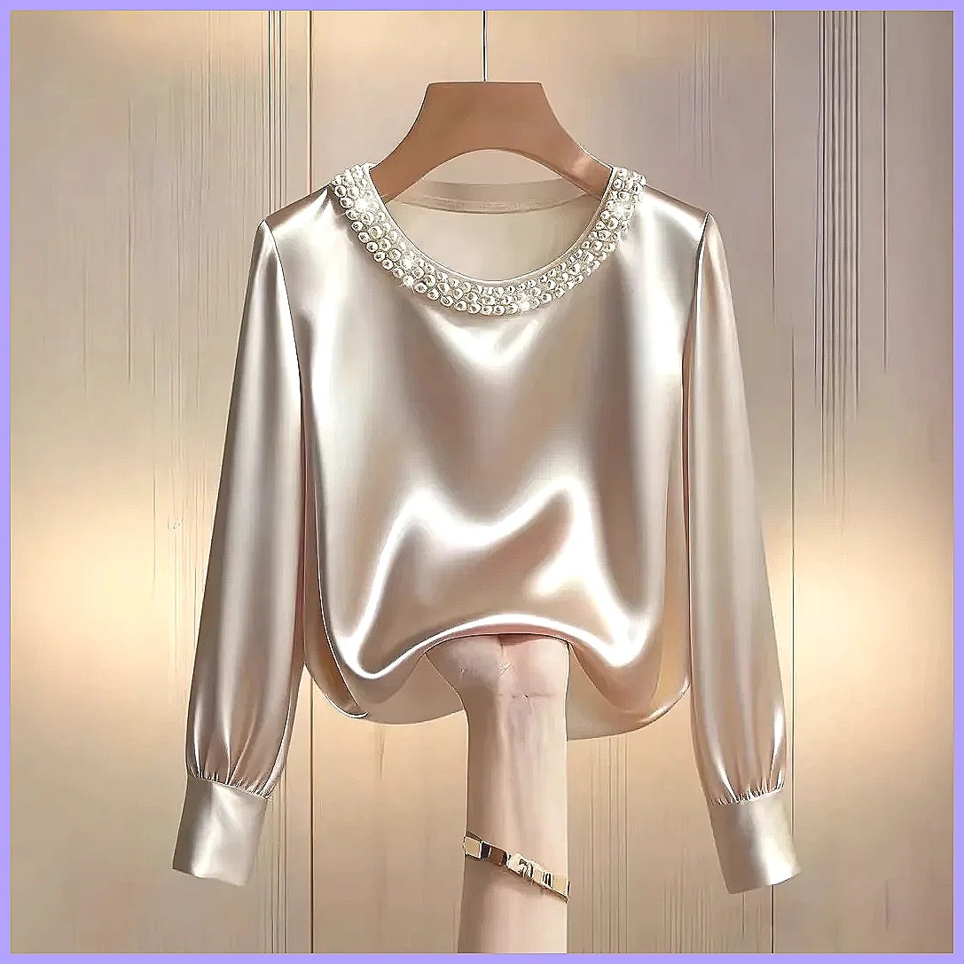 エレガントなビーズ付きサテンブラウス、女性用、ゆったりとした - Blouses のレビューと価格