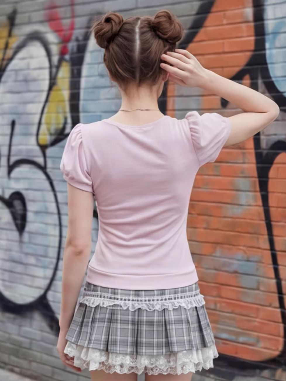 女性用ピンクレースパッチワークトップ、大きなリボンとパフスリ - Skirts のレビューと価格