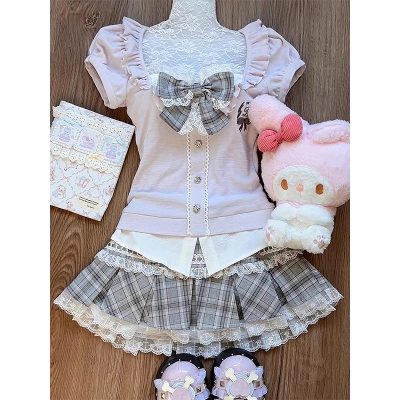 女性用ピンクレースパッチワークトップ、大きなリボンとパフスリ - Skirts のレビューと価格