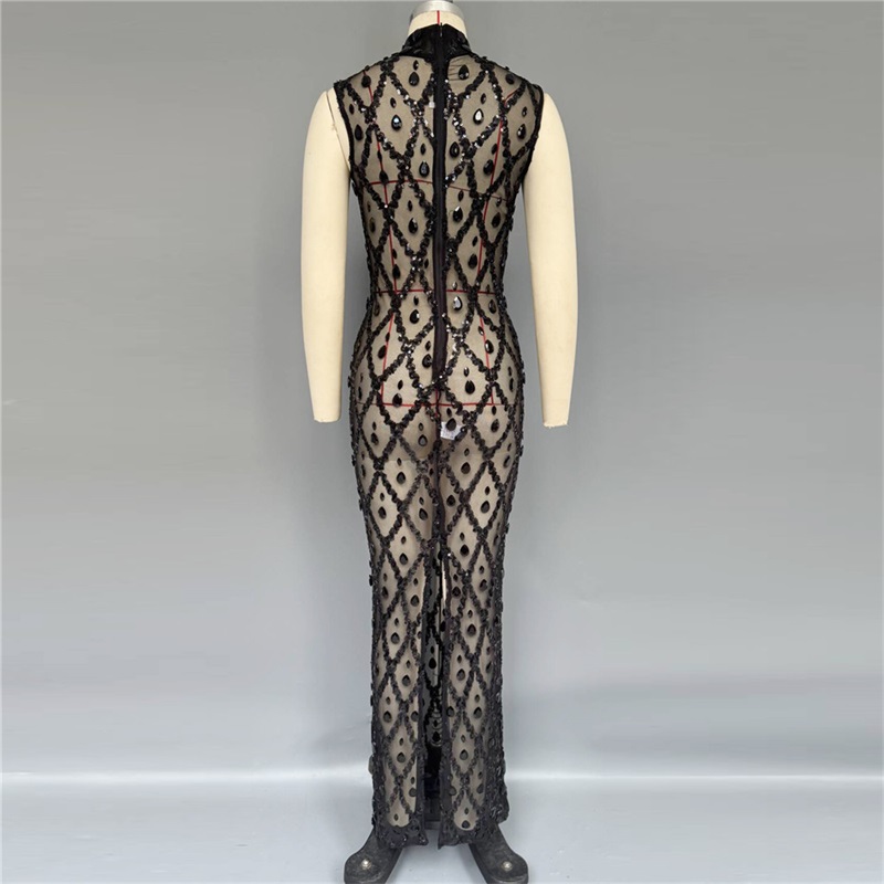 黒のキラキラ輝くセクシーなプロムドレス、ハイネック、ノースリ - Sexy Mesh Sheer Bodycon Dress のレビューと価格