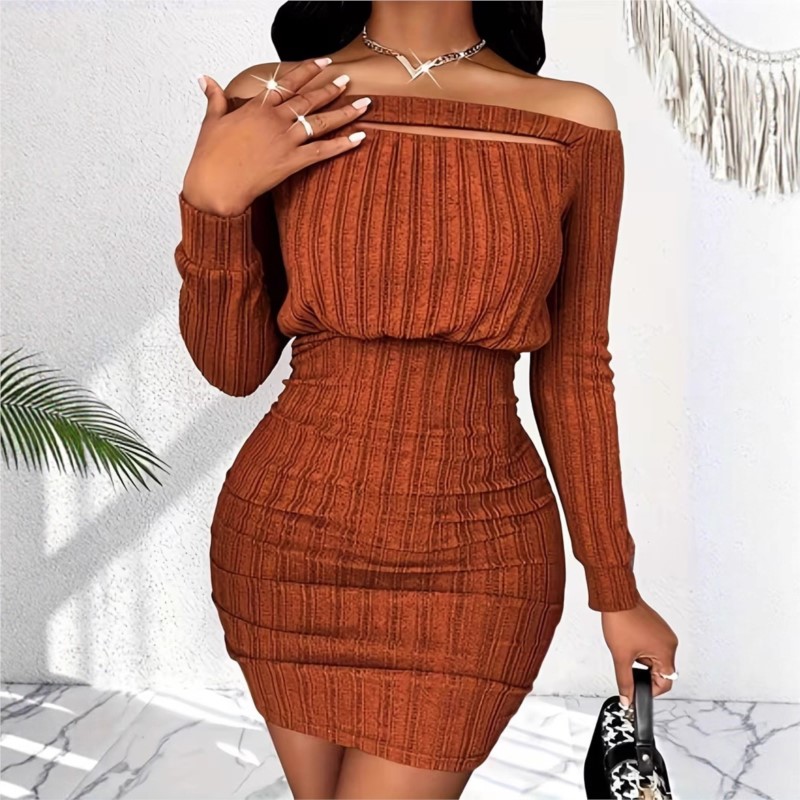 女性のファッションドレス春秋エレガントなオフショルダーリブセ - Bodycon Long Sleeve Ribbed Dress のレビューと価格