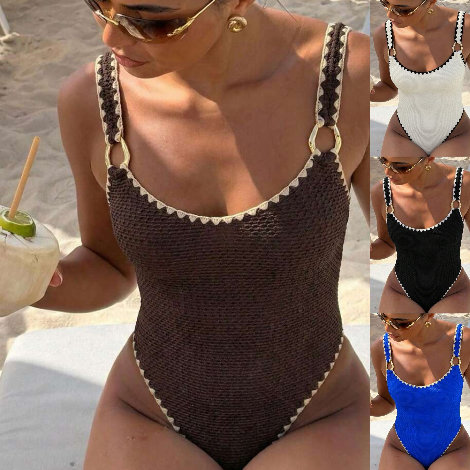 女性水着水着ノースリーブソリッドカラーハイウエスト V ネッ - Swimwear のレビューと価格