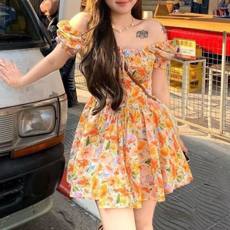 レディース オレンジ 花柄 オフショルダー ミニドレス パフ - Off Shoulder Puff Sleeve Sundress のレビューと価格