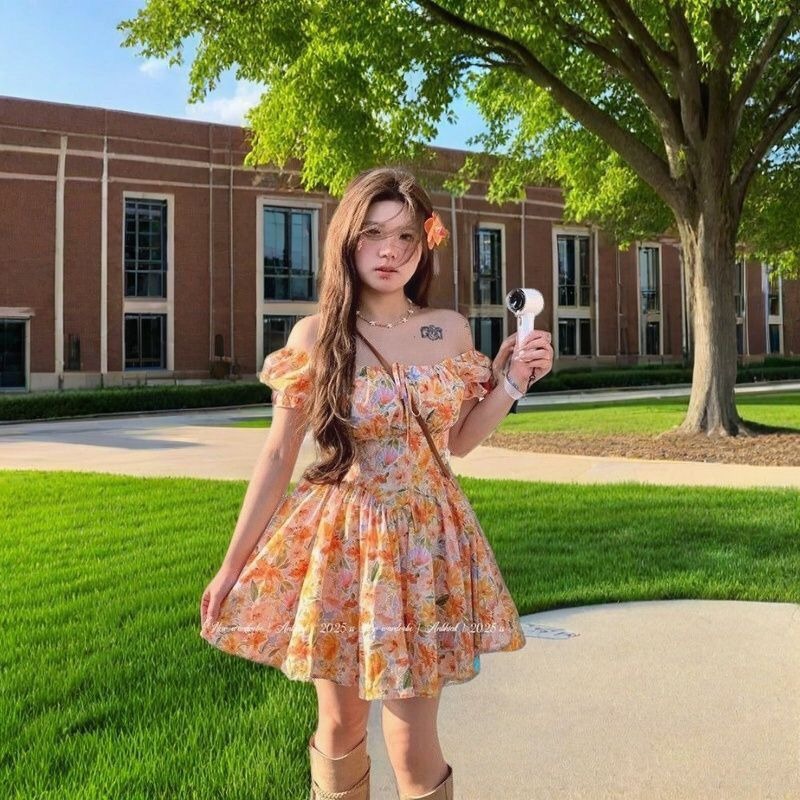 レディース オレンジ 花柄 オフショルダー ミニドレス パフ - Off Shoulder Puff Sleeve Sundress のレビューと価格
