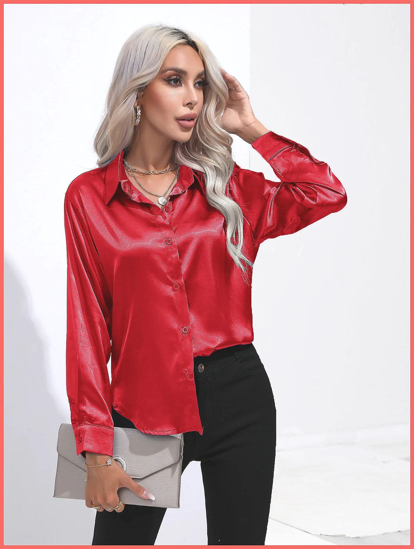 2025年春夏 サテンシャツ レディース Vネック 長袖 シ - Blouses のレビューと価格