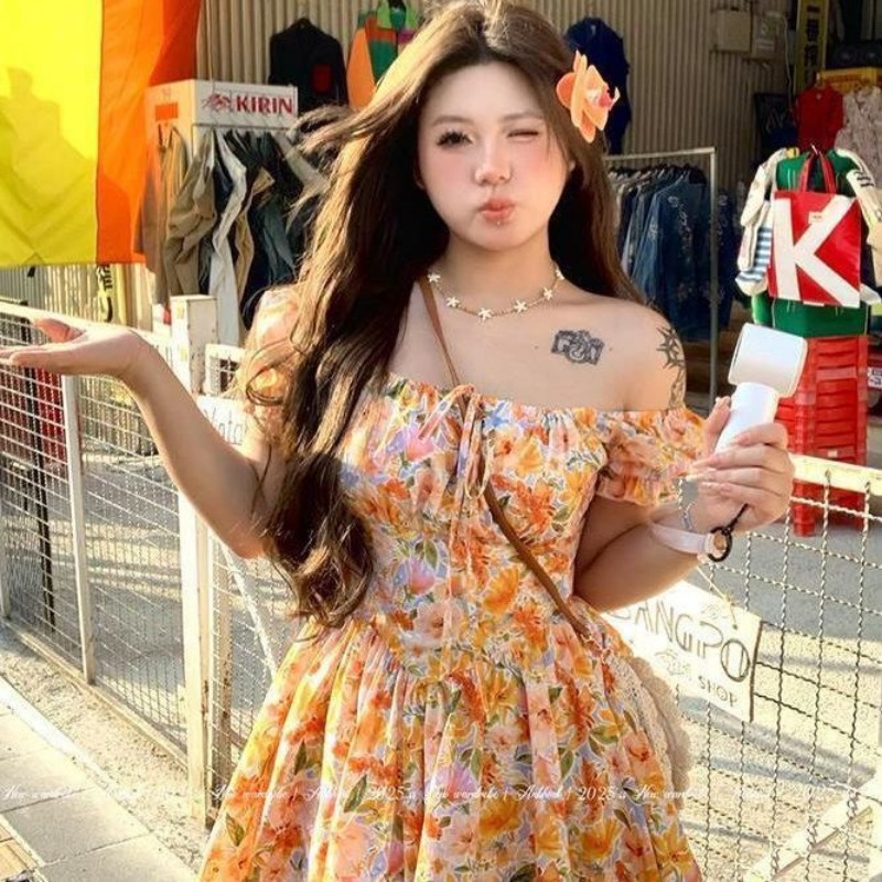 2026年新作 オレンジ色の花柄プリント オフショルダーミニ - Off Shoulder Puff Sleeve Sundress のレビューと価格