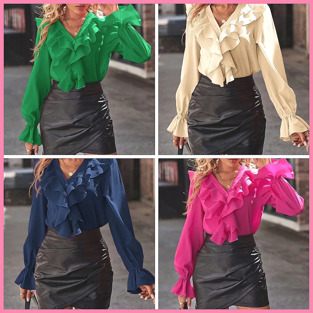 2025年ファッション Vネック ラッフル フレア袖 エレガ - Blouses のレビューと価格