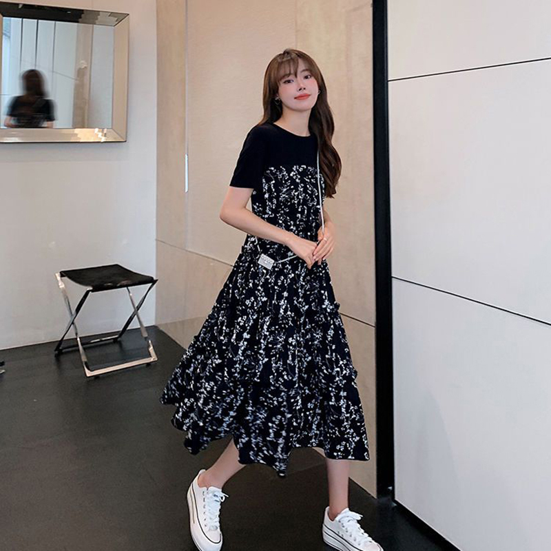 女性用ミドル丈フローラルプリントTシャツドレス,韓国スタイル - Korean Style A Line Shirt Dress のレビューと価格