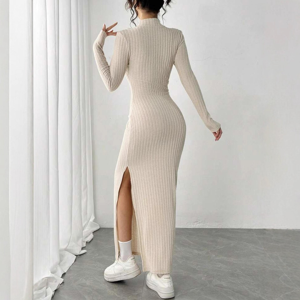 ファッショナブルなニットリブタートルネック長袖スリット入りボ - Bodycon Long Sleeve Ribbed Dress のレビューと価格