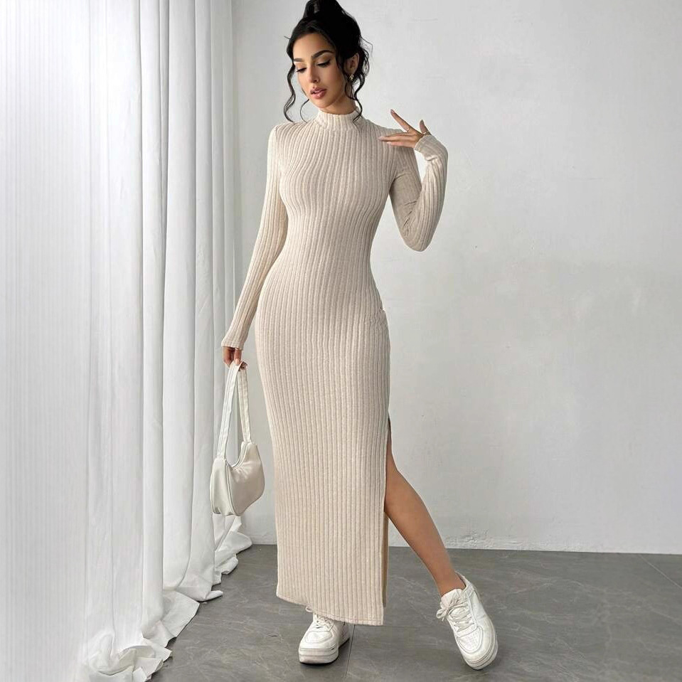 ファッショナブルなニットリブタートルネック長袖スリット入りボ - Bodycon Long Sleeve Ribbed Dress のレビューと価格