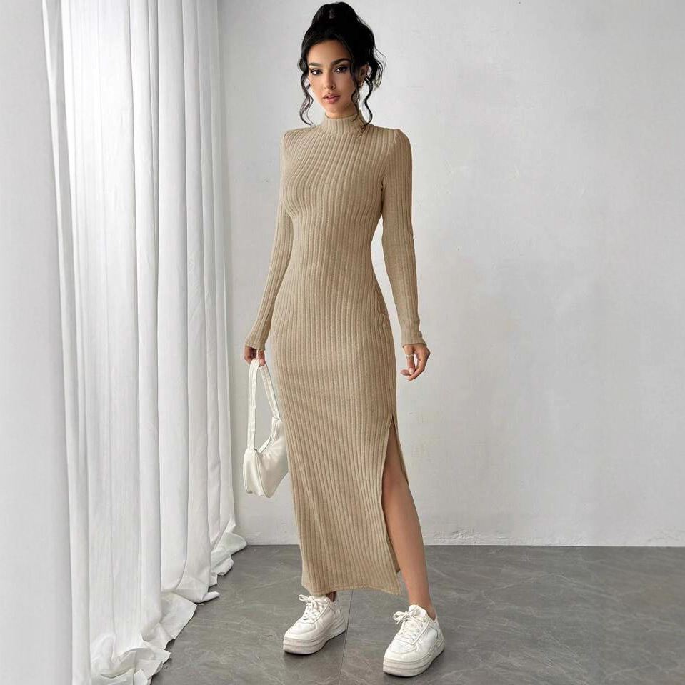 ファッショナブルなニットリブタートルネック長袖スリット入りボ - Bodycon Long Sleeve Ribbed Dress のレビューと価格