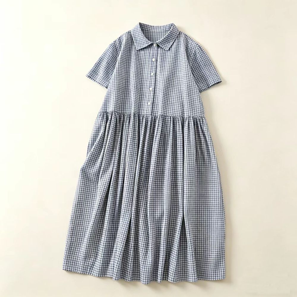 ブルーチェック柄襟付きミディドレス女性夏新ルーズフィット半袖 - Casual Loose Linen Shirt Dress のレビューと価格