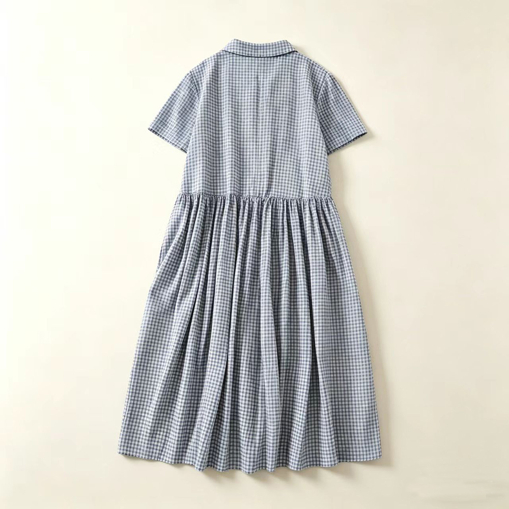 ブルーチェック柄襟付きミディドレス女性夏新ルーズフィット半袖 - Casual Loose Linen Shirt Dress のレビューと価格
