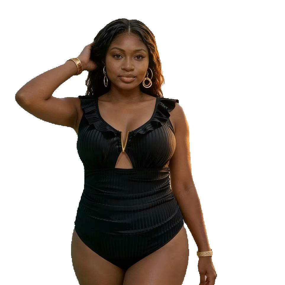 プラスサイズ女性用ワンピース水着 フリル付き無地リブ編み光沢 - Swimwear のレビューと価格