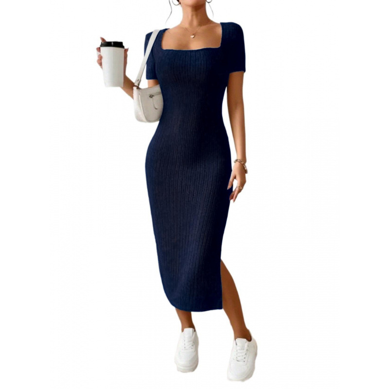 ヴィンテージリブニットミディドレス、スクエアネック長袖ボディ - Bodycon Long Sleeve Ribbed Dress のレビューと価格
