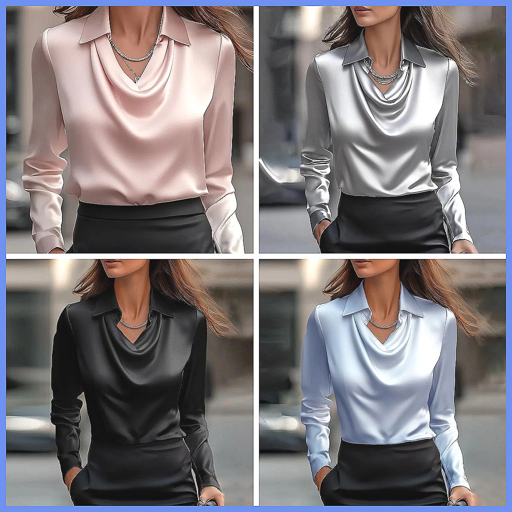 ヴィンテージサテンブラウス レディース 長袖 エレガントシル - Blouses のレビューと価格