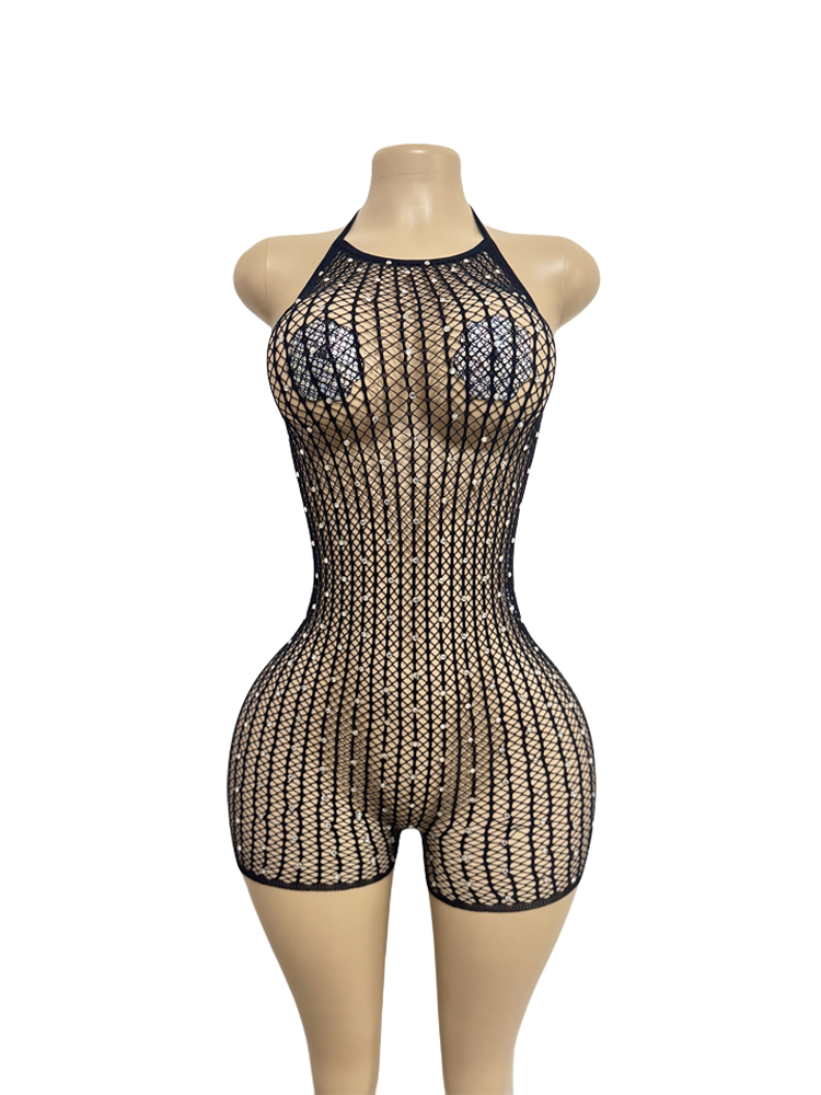 女性用ホルターネックラインストーンフィッシュネットドレス、シ - Sexy Mesh Sheer Bodycon Dress のレビューと価格
