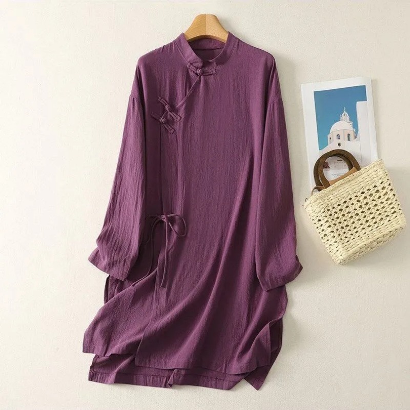 女性の中国風カエルボタンリネンチュニックドレススタンドカラー - Casual Loose Linen Shirt Dress のレビューと価格
