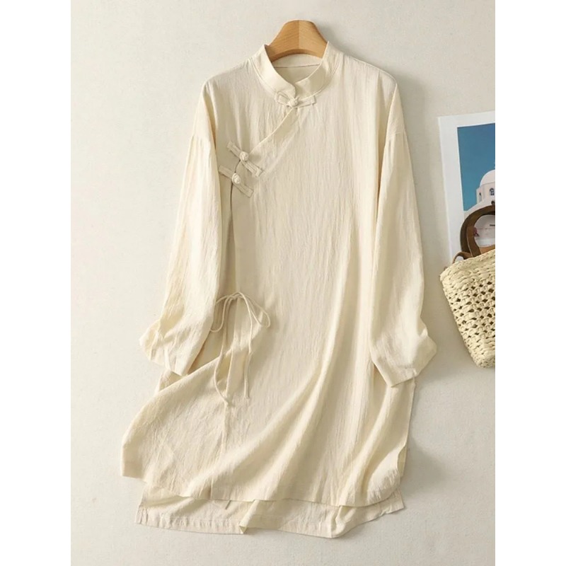 女性の中国風カエルボタンリネンチュニックドレススタンドカラー - Casual Loose Linen Shirt Dress のレビューと価格