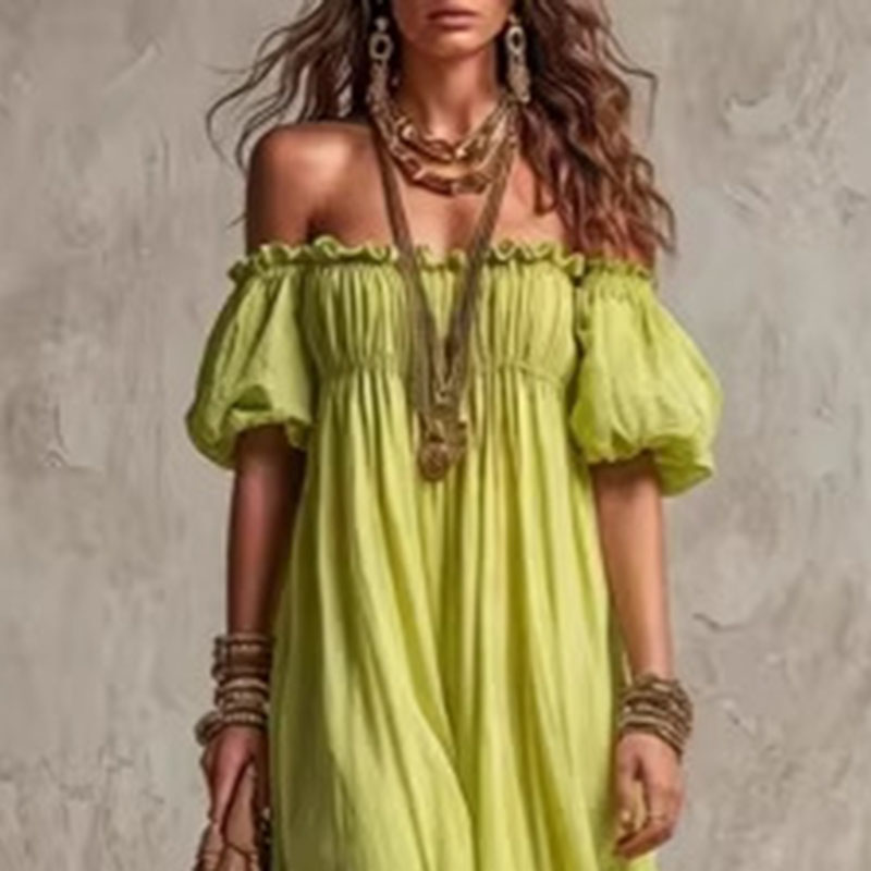 女性弾性ウエストカジュアル休暇サンドレスファッションオフショ - Off Shoulder Puff Sleeve Sundress のレビューと価格