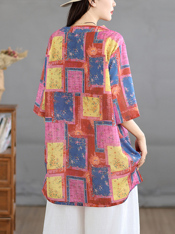 カジュアルなリネンプリントトップス ヴィンテージ風ルーズVネ - Casual Loose Linen Shirt Dress のレビューと価格