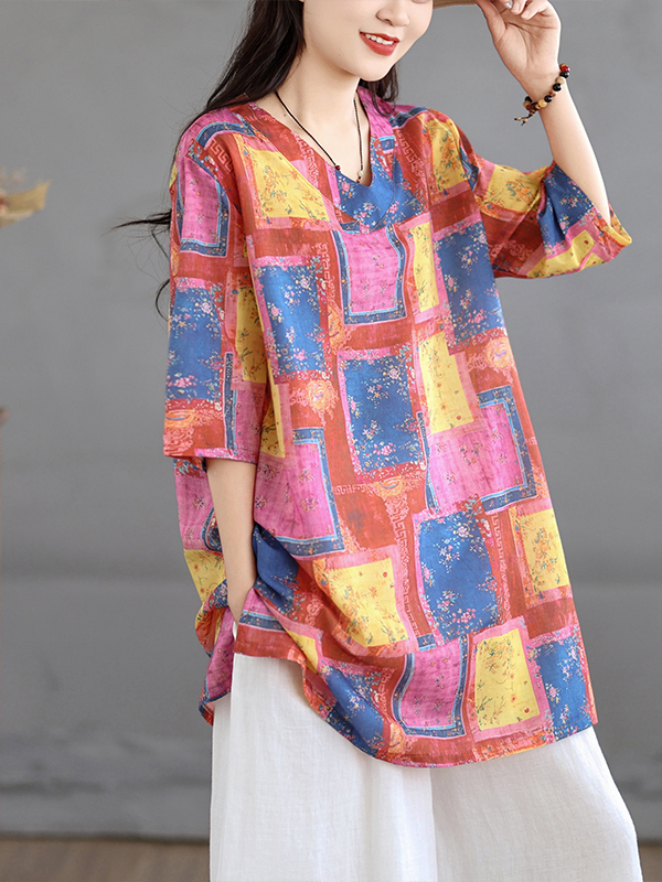 カジュアルなリネンプリントトップス ヴィンテージ風ルーズVネ - Casual Loose Linen Shirt Dress のレビューと価格